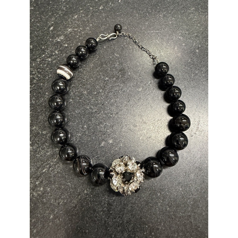 Vintage‎ Black Glass Bead Necklace Rhinestone Flower Pendant 18" Statement